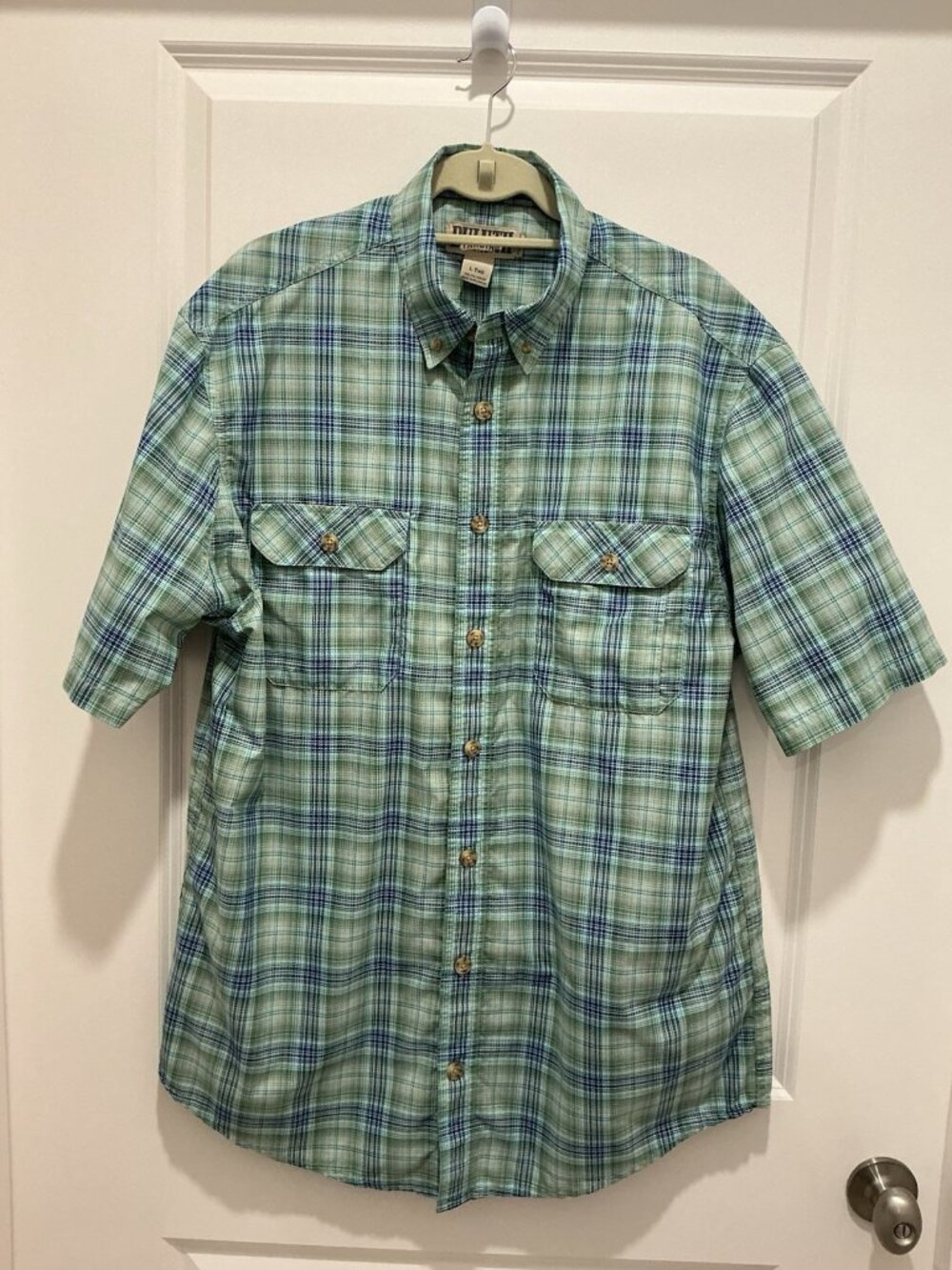 Duluth Trading Button Down Large Tall Men's Short Sleeve Green Blue Plaid